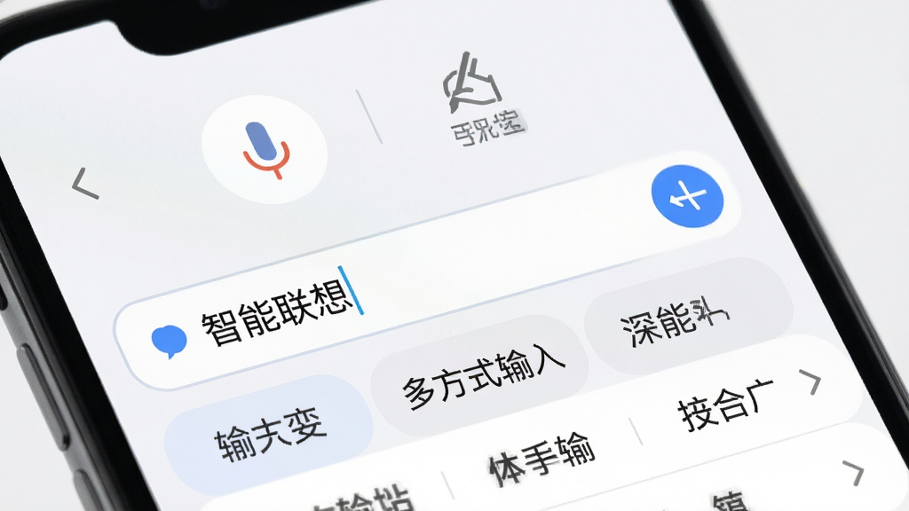 主体为手机端软件搜索界面特写,布局上方为语音输入与手写输入图标,中间为输入框及下方候选词列表,背景为浅色。排版简洁,风格清新,细节突出“智能联想”与“多方式输入”字样,画质细腻干净,无多余元素。