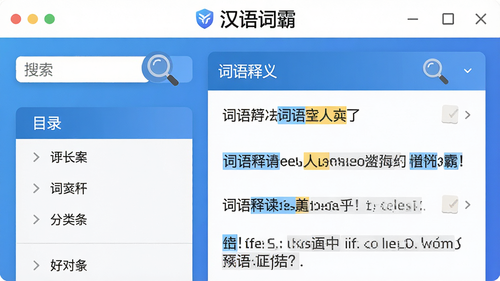 主体为软件主界面展示图,布局采用左右分栏结构,左侧为搜索栏与分类目录,右侧为词语释义详情面板,顶部有软件名称“汉语词霸”字样。排版清晰,风格为现代扁平化设计,细节包含放大镜图标与高亮关键词,画质高清干净,无多余元素。