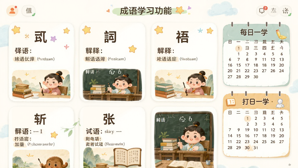 主体为成语学习功能界面,布局采用瀑布流卡片展示成语卡片,卡片上有成语、释义与配图。排版活泼,风格为插画与实景结合,细节包含“每日一学”打卡日历,画质柔和干净,无多余元素。