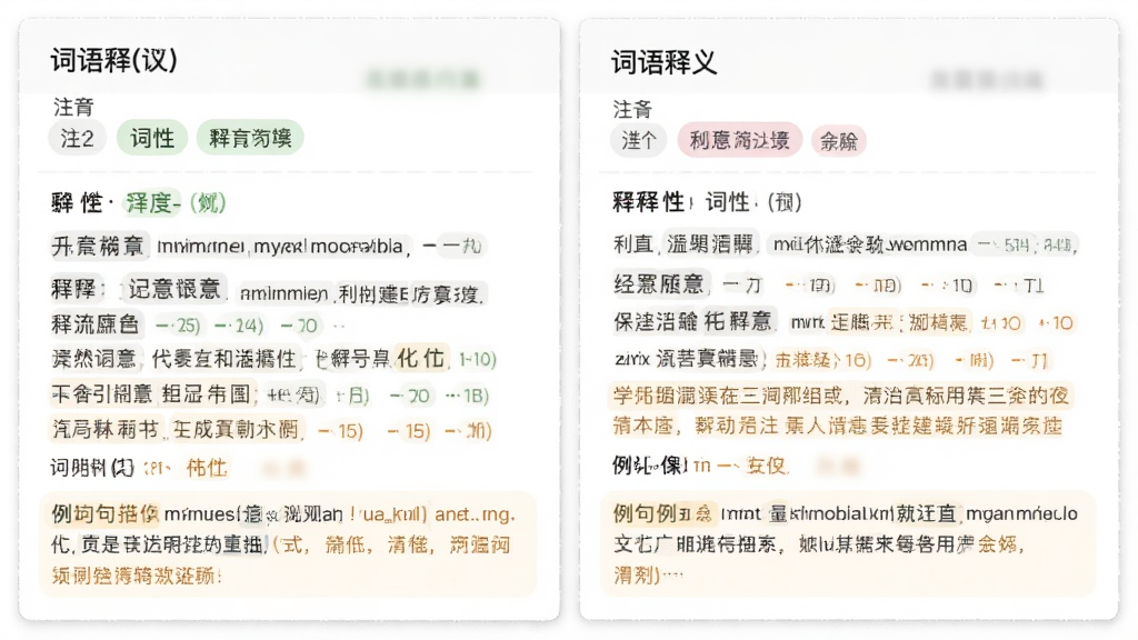 主体为词语释义页面截图,布局以卡片形式展示词条信息,包含注音、词性标签、多条释义列表与例句引用。排版层次分明,风格为学术而现代,细节用不同颜色区分释义与例句,画质清晰干净,无多余元素。