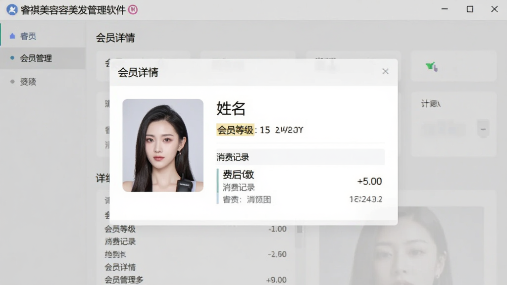 睿祺美容美发管理软件会员管理功能界面截图,画面中央显示一个会员详细资料卡片,包含头像、姓名、会员等级和消费记录,背景为浅灰色界面,卡片风格简洁清晰,界面排版整齐,文字标签为“会员详情”,画质干净,无多余元素。