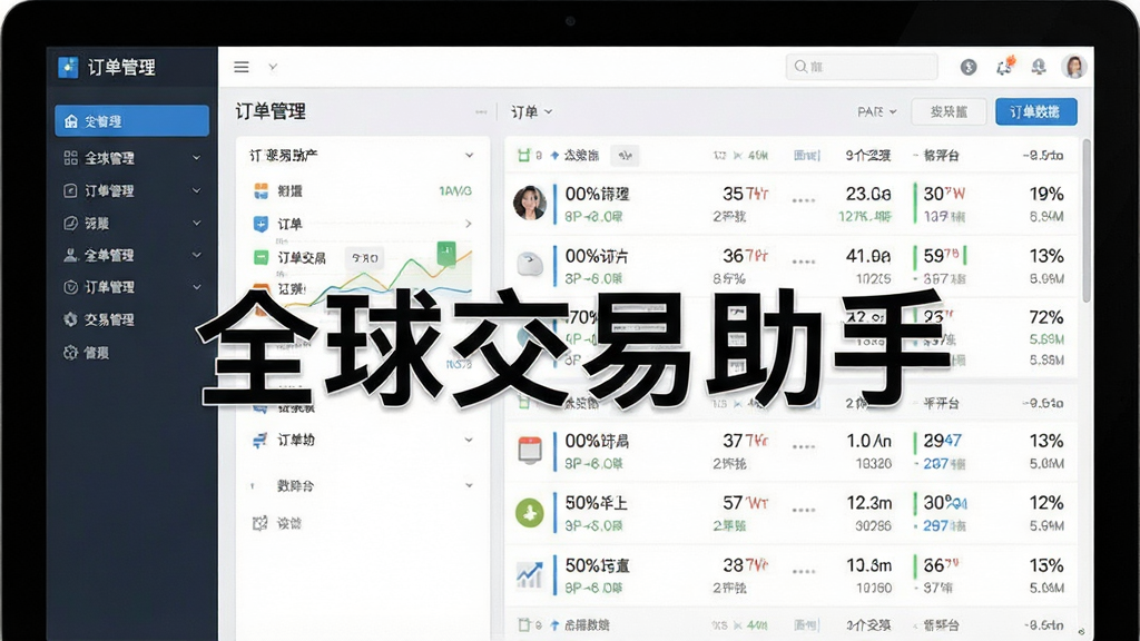 一张展示全球交易助手软件核心界面的高清截图,主体是电脑屏幕中简洁的订单管理后台,左侧功能栏清晰可见,右侧为多平台订单数据滚动列表,布局规整,排版专业,整体风格现代商务,细节丰富,画质清晰干净,无多余元素,图片中打文字“全球交易助手”
