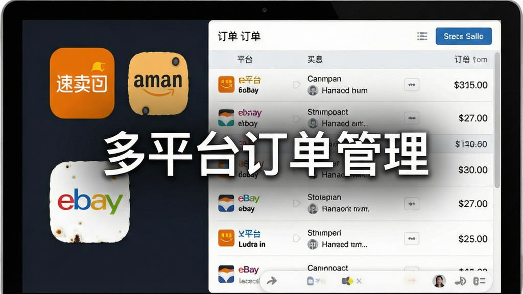 一张展示全球交易助手多平台订单聚合功能的高清截图,主体是电脑屏幕中左侧为速卖通、亚马逊、eBay等平台图标,右侧为统一整合的订单列表,每行订单显示平台来源、买家信息与金额,布局清晰,风格商务简洁,细节到位,画质干净,图片中打文字“多平台订单管理”