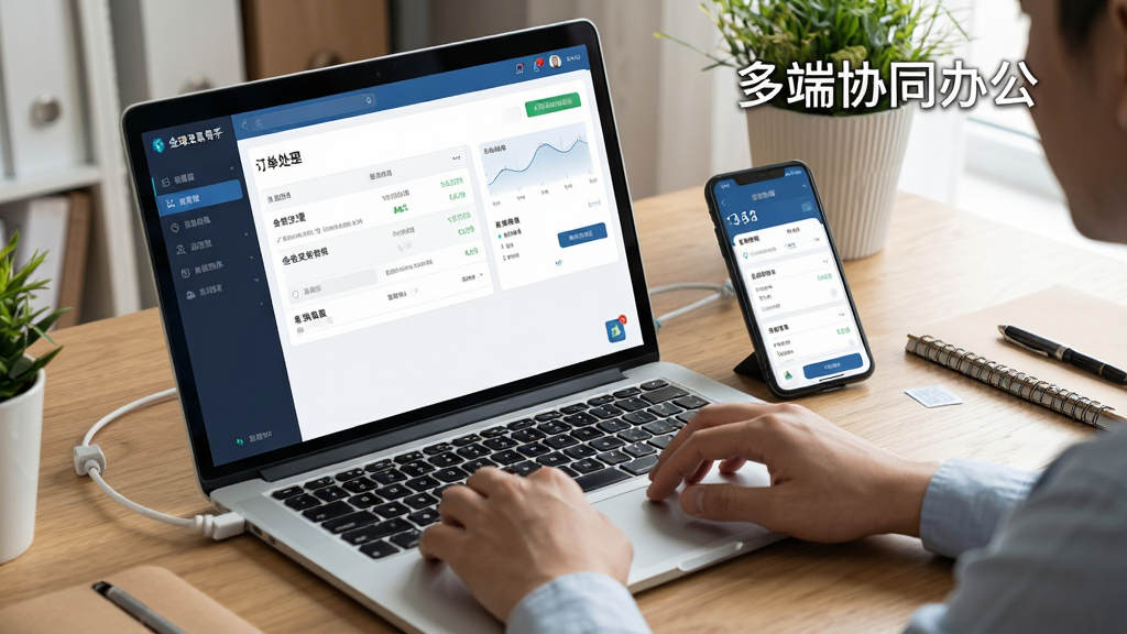 一张展示用户通过手机和电脑同时使用全球交易助手进行订单处理的高清场景图,主体是桌面上的笔记本电脑屏幕显示软件界面,旁边放着手机,手机屏幕也显示软件的移动端界面,布局为平铺视角,风格写实生活化,细节体现多设备协同,画质清晰,图片中打文字“多端协同办公”