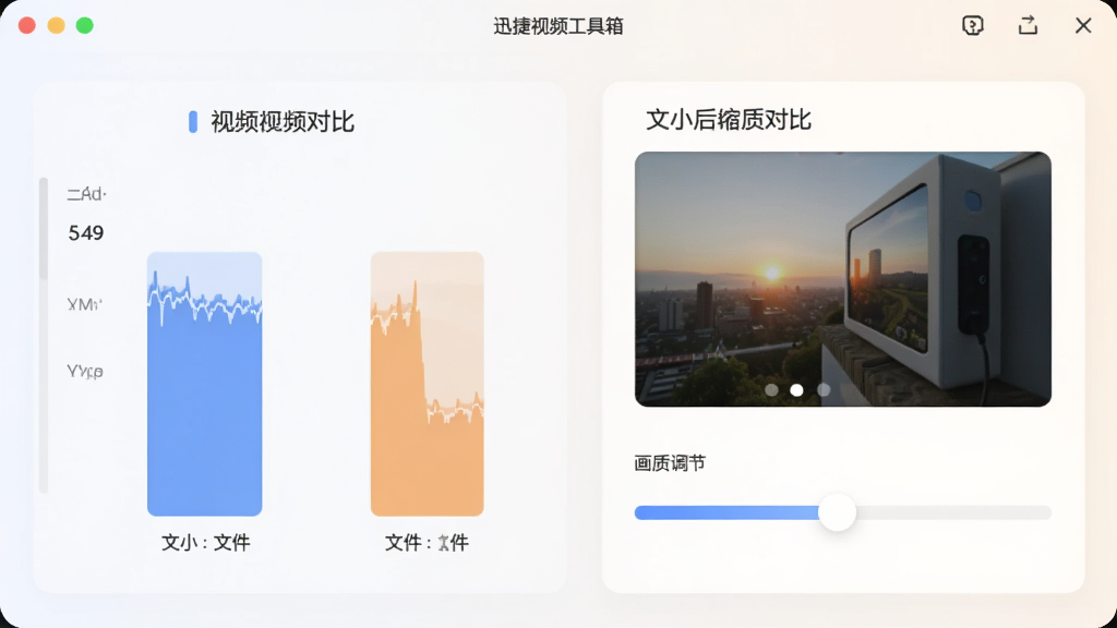 迅捷视频工具箱视频压缩功能示意图,展示压缩前后文件大小对比,以及画质调节滑块,界面直观,色彩柔和,画质干净,无多余元素。