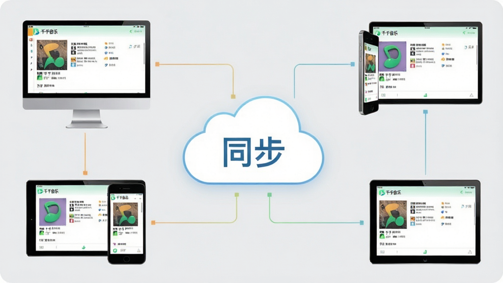 主体:千千音乐(原百度音乐)的多端同步功能示意图,画面中央为云朵图标,四周环绕电脑、手机、平板设备。布局:云朵居中,设备分布在四角,线条连接。排版:设备屏幕均显示相同歌单界面。风格:简约商务风,背景为浅灰色。细节:云朵上有“同步”字样,设备屏幕有“千千音乐”界面。画质:清晰明亮,干净无多余元素。