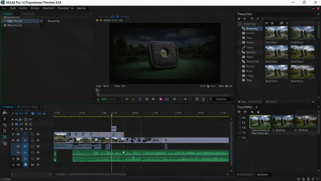 VEGAS Pro 14 专业视频剪辑软件主界面预览图,布局包含时间线、预览窗口和媒体素材库,整体风格深色专业,画质清晰,干净无多余元素