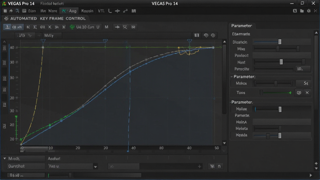 VEGAS Pro 14 的自动化关键帧控制面板特写,显示曲线编辑与参数调节界面,布局规整,深色UI,干净专业