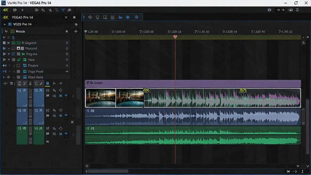 VEGAS Pro 14 处理多轨4K视频的时间线界面,轨道层次分明,波形图清晰,色彩鲜艳,画质细腻,干净无多余元素
