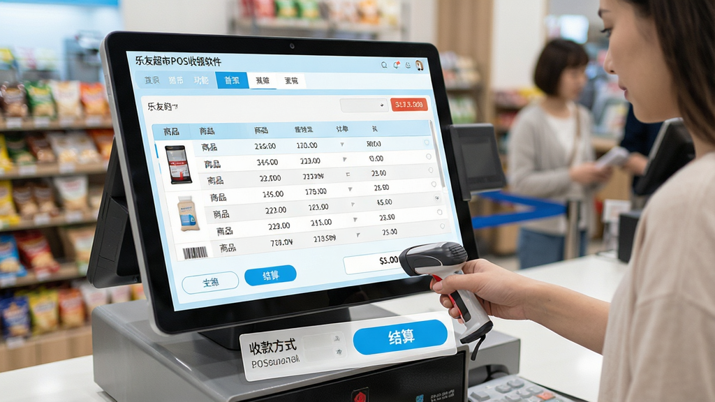 主体:乐友超市POS收银软件的主界面截图,显示收银台、商品列表、订单金额等核心模块;布局:界面顶部为软件名称和功能导航栏,中部为商品扫描与明细区域,底部为收款方式与结算按钮;排版:清晰的功能分区,商品信息以表格形式排列,按钮醒目;风格:现代简约,浅蓝色与白色为主色调,符合商业软件的专业感;细节:屏幕中展示“乐友超市POS收银软件”字样,收银员正在扫描商品条码,顾客排队等待结账;画质:高清,干净,无多余元素。