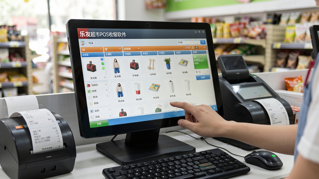 主体:乐友超市POS收银软件在电脑上运行的界面,店员正在操作收银,屏幕显示商品列表;布局:电脑屏幕占据画面中央,键盘和鼠标在下方,背景为店内环境;排版:电脑屏幕内容清晰可见,展示“乐友超市POS收银软件”字样;风格:写实摄影风格,自然光线,真实场景;细节:店员手指点击触摸屏或鼠标,收银小票打印机正在打印;画质:高清,干净,无多余元素。