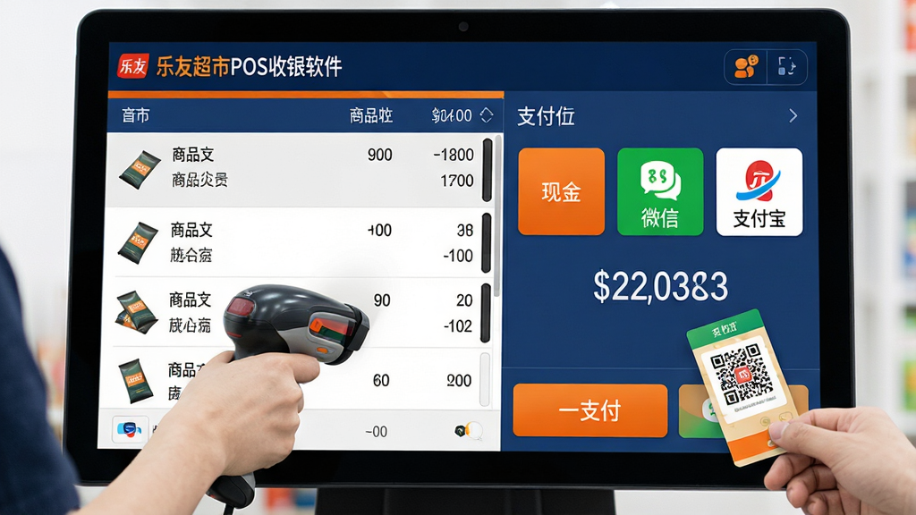 主体:乐友超市POS收银软件的收银结算界面,显示商品明细和支付方式选择;布局:左侧为商品扫描列表,右侧为支付区域,列出“现金”、“微信”、“支付宝”等按钮;排版:大按钮设计,便于点击,金额显示醒目;风格:现代商务风,深蓝色与橙色点缀,凸显操作区域;细节:屏幕中显示“乐友超市POS收银软件”字样,收银员正在使用扫码枪扫描商品,顾客出示付款码;画质:高清,干净,无多余元素。