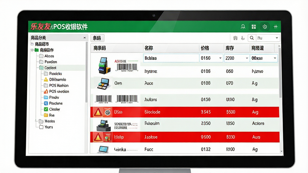 主体:乐友超市POS收银软件的商品管理界面,展示商品列表和库存预警提示;布局:左侧为商品分类树,右侧为商品详情表格,包含条码、名称、价格、库存等字段;排版:表格行与行之间间隔清晰,预警商品以红色字体高亮;风格:清新商务风,绿色与白色搭配,突出数据可视化管理;细节:屏幕中显示“乐友超市POS收银软件”字样,商品图片与条码清晰可见;画质:高清,干净,无多余元素。