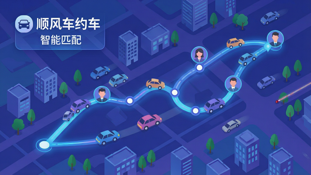 画面主体为抽象化的城市交通网络图,中央高亮显示一条从起点到终点的曲线路径,路径上标注多个途经点,周围散布小车图标与人物头像;布局采用俯视角度,地图占据画面大部分,左上角悬浮显示“顺风车约车”LOGO与“智能匹配”字样;排版清晰,路径线条流畅,节点醒目;风格为科技感十足的扁平插画,蓝紫色调,搭配发光线条;细节包括微小的建筑物轮廓与绿树点缀,体现城市与自然融合;画质高清,构图干净,无多余元素。