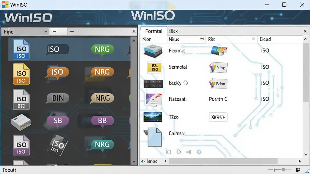 主体:WinISO软件正在编辑一个ISO镜像文件,界面展示多种格式图标。布局:左侧显示格式列表,右侧为文件内容预览。排版:图标与文件名对应,格式类型用不同颜色标签区分。风格:扁平化设计,色彩明快,科技感。细节:界面中突出显示