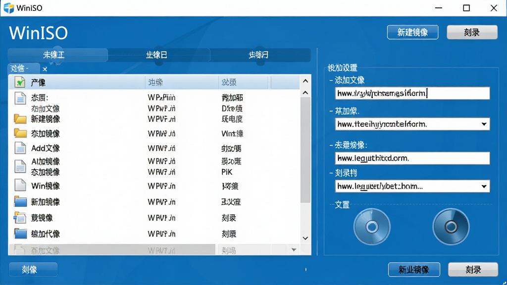 主体:WinISO软件的镜像创建向导界面,展示添加文件和刻录选项。布局:界面左侧为文件添加区域,右侧为刻录设置面板。排版:文件列表清晰,设置项以复选框和下拉菜单形式呈现。风格:向导式界面,步骤条清晰,蓝色主题。细节:显示