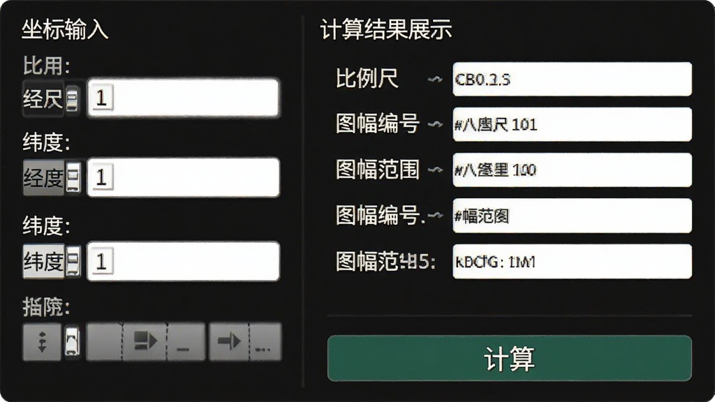 软件功能演示截图,左侧为坐标输入区域,包含经度、纬度输入框,右侧为计算结果展示区域,清晰列出比例尺、图幅编号、图幅范围等信息,底部有“计算”按钮,界面风格简洁,数据清晰,画质干净,无多余元素。