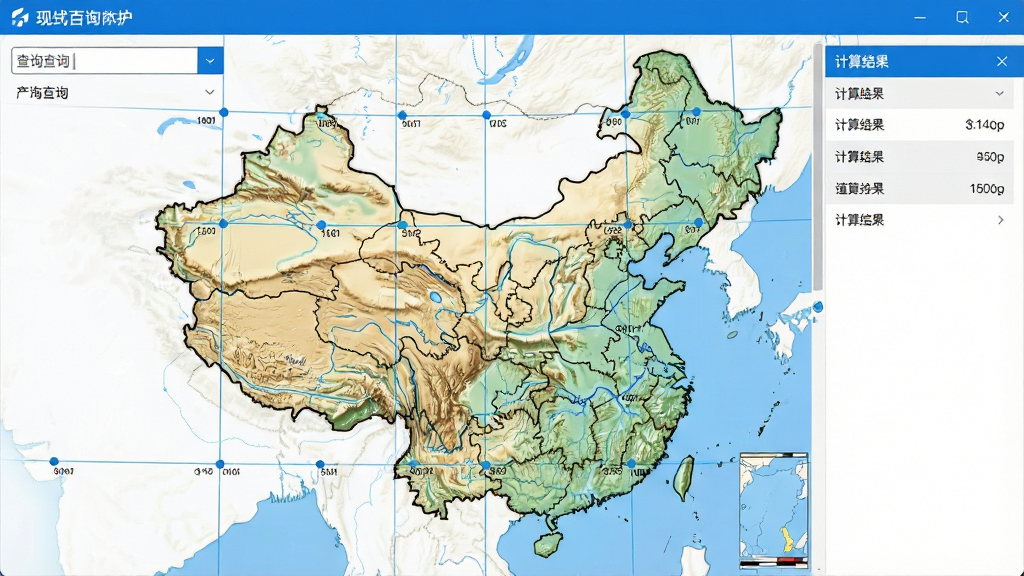 一幅简洁的现代软件界面截图,界面中央显示中国地图的局部,地图上叠加有标准地形图分幅网格线,网格线交点处标注着分幅编号,界面左侧有查询输入框,右侧有计算结果面板,整体布局清晰,科技感强,蓝白配色为主,画质干净,无多余元素。