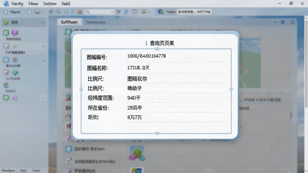软件界面展示查询结果页面,中央显示一个标准图幅的详细信息卡片,卡片上列有图幅编号、图幅名称、比例尺、经纬度范围、所在省份等信息,卡片设计精致,信息排列整齐,背景为淡蓝色渐变,画质清晰,无多余元素。