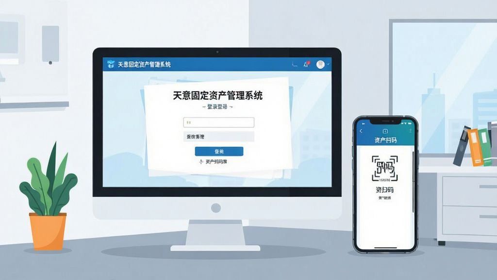 一张展示多设备协同办公场景的插图,主体为电脑显示器与智能手机并排放置,屏幕中同时显示“天意固定资产管理系统”的登录界面与资产扫码功能页;布局为左右对称,背景为现代简约的办公室一角;风格为清爽的扁平化矢量插画,色彩明快,细节干净,画质清晰。