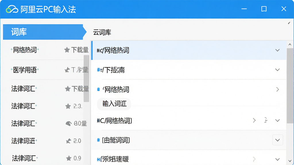 ���壺������PC���뷨���ƴʿ���棬չʾ����ʿ��б������֣����Ϊ�ʿ���������Ҳ�Ϊ�������飬�����С�������PC���뷨���ı�ʶ���Ű棺�б�ʽ���֣���Ŀ��������񣺱�ƽ����ƣ�������ɫ��ϸ�ڣ��ʿ��������������ȴʡ�����ҽѧ����������ɴʻ㡱�ȣ�ÿ�������������������֡����ʣ����壬�ɾ����޶���Ԫ�ء�