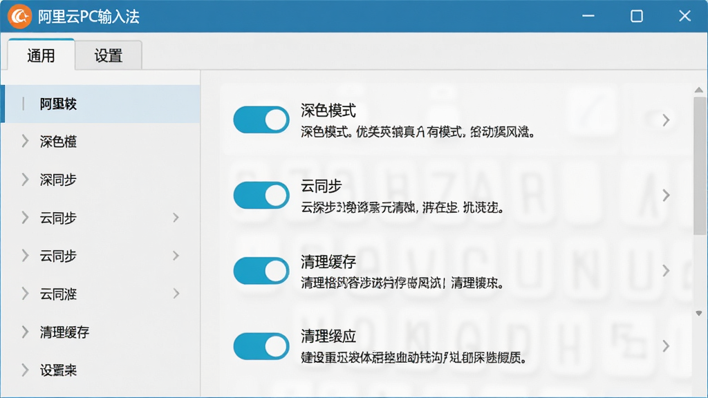���壺������PC���뷨�����ý��棬��ʾ��ͨ�á�ѡ������֣����˵������Ҳ�������������������ơ��Ű棺�б�ʽ��ÿ���������п��غ�˵������񣺼�࣬ǳ��ɫ������ϸ�ڣ��������������ɫģʽ��������ͬ���������������桱�ȣ������ڿ���״̬�����ʣ����壬�ɾ����޶���Ԫ�ء�