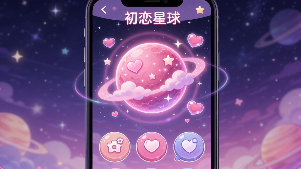 主体:一个充满梦幻色彩的“初恋星球”主界面,展示在手机屏幕上。布局:界面中央是一颗发光的粉色星球,星球表面有爱心形状的云层和闪烁的星星,下方是几个功能按钮图标。排版:星球作为视觉中心,四周环绕着柔和的光晕和飘浮的爱心气泡,按钮排列整齐。风格:二次元动漫风,色彩明快,粉紫色调为主,细节丰富。画质:高清,干净,无多余元素。