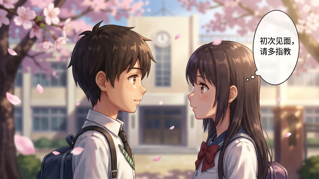 主体:游戏内剧情场景,一个男孩和一个女孩在樱花树下相遇。布局:画面采用电影级构图,前景是飘落的樱花花瓣,中景是两个角色对视,背景是模糊的校园建筑。排版:角色居中,光线从侧面打来,突出面部表情。风格:日系唯美插画风,色彩柔和,光影层次分明,文字气泡显示对话内容“初次见面,请多指教”。画质:精细,干净,无多余元素。