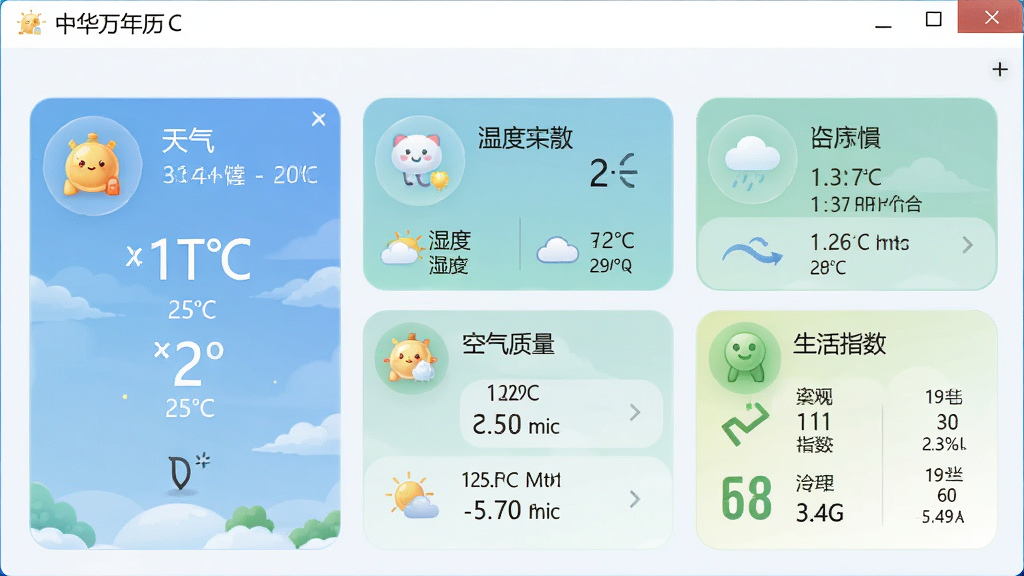 中华万年历 PC版 天气详情界面,显示温度、湿度、空气质量、生活指数,图标精美,数据直观,配色清新,布局合理,画质高清,无多余元素