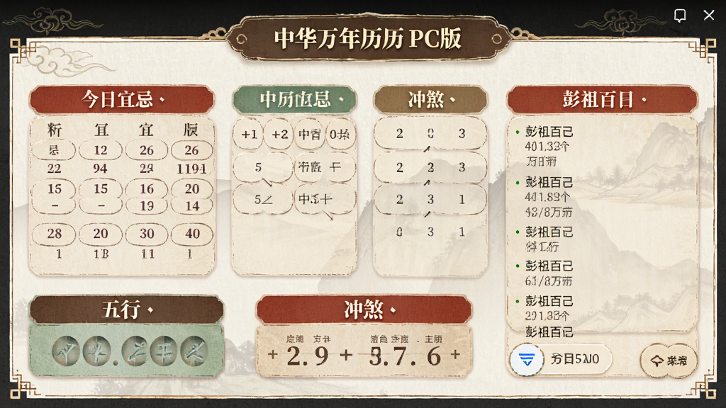 中华万年历 PC版 农历详情页,显示今日宜忌、冲煞、五行、彭祖百忌,排版规整,信息层级分明,古典风格与现代UI结合,画质细腻,无多余元素