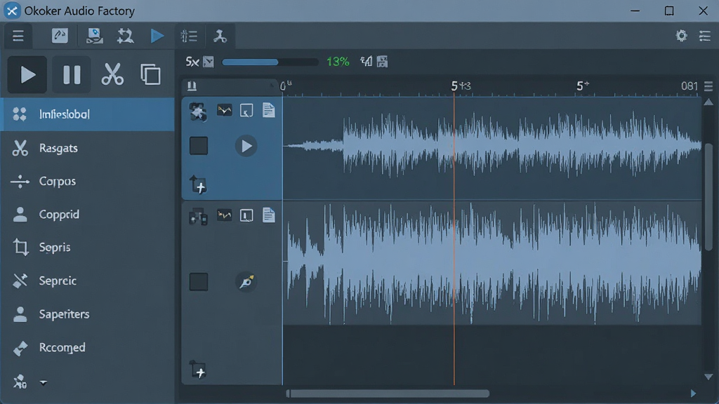 主体:Okoker Audio Factory 软件主界面,展示音频波形编辑与工具栏。布局:界面左侧为功能列表,右侧为波形显示区域,顶部为菜单栏。排版:清晰的功能分区,现代扁平化设计。风格:科技感与专业感,蓝灰色调。细节:波形图上显示音频轨道,工具栏包含播放、暂停、剪切、复制等图标,界面文字标注