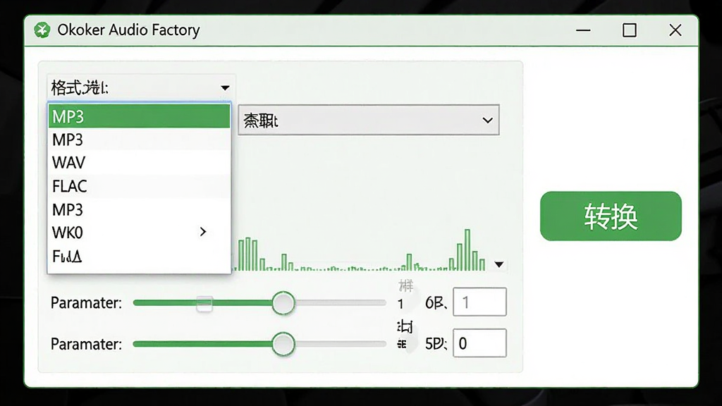 主体:Okoker Audio Factory 音频格式转换界面,显示格式选择下拉菜单与输出参数设置。布局:中心为格式选择区域,下方为参数调节滑块,右侧为转换按钮。排版:简洁的窗体布局,选项排列有序。风格:明亮清晰,绿色与白色主色调。细节:格式列表包含MP3、WAV、FLAC等选项,参数区显示采样率与比特率数值,按钮标注