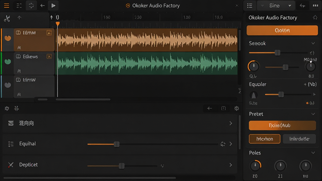 主体:Okoker Audio Factory 音频编辑界面,展示时间轴与效果调节面板。布局:上方为时间轴与波形,下方为效果列表,包含混响、均衡器、变速等选项。排版:左右分栏设计,左侧轨道,右侧控制面板。风格:深色背景,橙色高亮按钮。细节:波形上显示剪辑点,效果面板有滑块与预设选项,标注