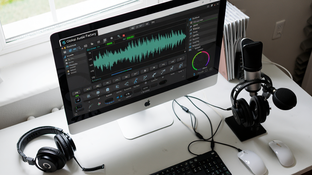 主体:Okoker Audio Factory 在电脑上运行,旁边有耳机与麦克风设备。布局:屏幕中显示软件界面,桌面整洁,设备摆放有序。排版:俯视角度,突出软件与硬件的连接。风格:真实生活场景,光线自然。细节:软件界面显示波形与工具栏,耳机与麦克风连线清晰,屏幕标签