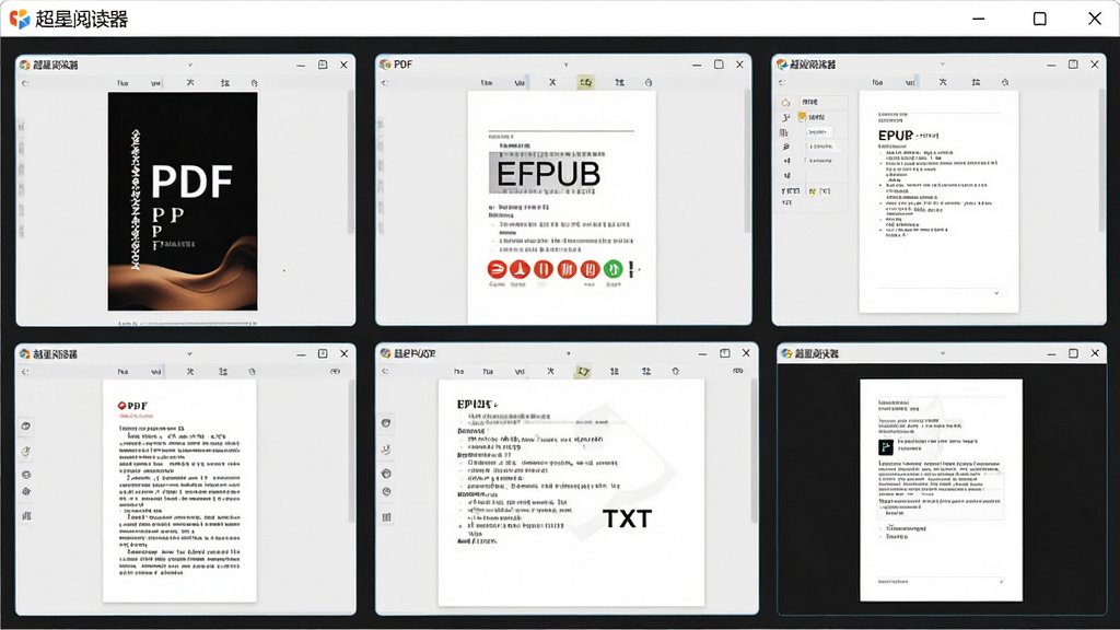 超星阅读器同时打开多种格式文档,包括PDF、EPUB、TXT,窗口平铺排列,界面清晰,软件名称“超星阅读器”显示在标题栏,现代简约风格,画质精细,干净无杂物