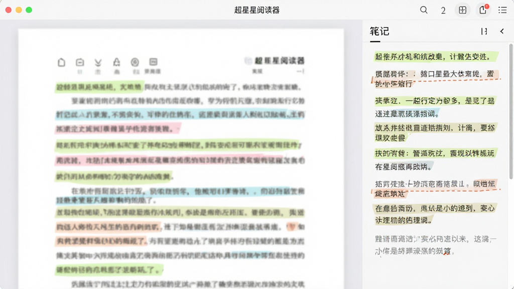 超星阅读器批注界面,右侧笔记栏显示多条高亮和备注,左侧文档中荧光标记明显,界面柔和,软件名称在顶部,画质细腻,干净整洁