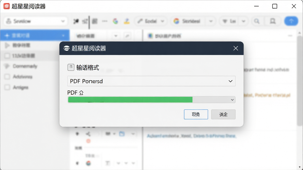 超星阅读器转换对话框,选择输出格式为PDF,进度条正在运行,背景为软件主窗口,风格简洁,软件名称可见,画质清晰,无多余元素