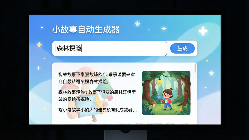 主体:小故事自动生成器软件界面,展示一个简洁的创作输入框和生成的故事文本。布局:界面中央是输入框,下方为故事预览区,背景有柔和的渐变光效和星星点缀。排版:输入框上方有软件名称“小故事自动生成器”字样,右侧有“生成”按钮。风格:现代扁平化,色彩明亮清新,以蓝色和白色为主色调。细节:输入框中显示示例关键词“森林探险”,故事预览区显示几行文字和插图。画质:高清渲染,干净无多余元素。