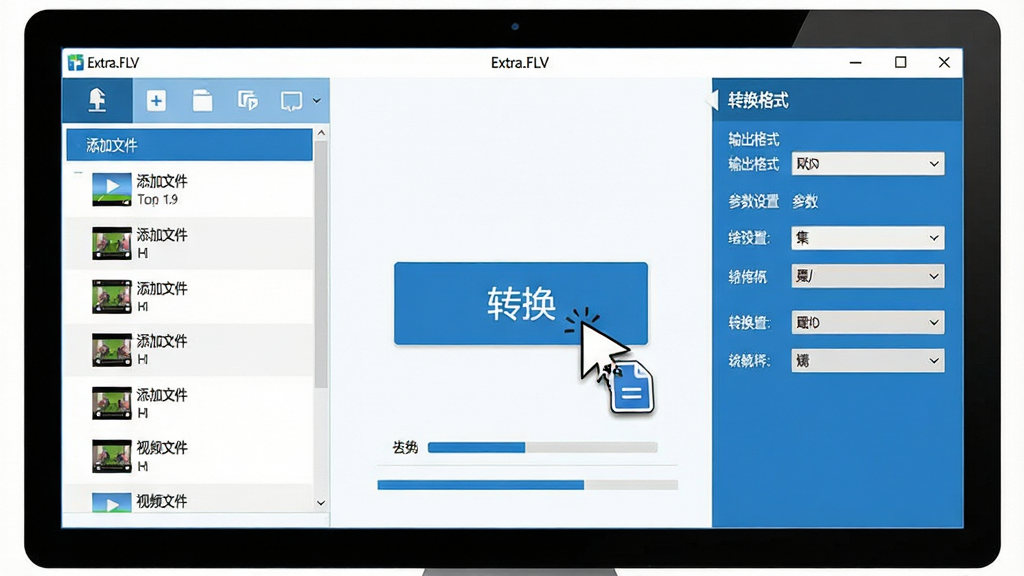 主体:Extra.FLV软件界面展示在电脑屏幕上,界面整洁,色彩搭配专业。布局:屏幕左侧为视频文件列表,右侧为转换格式与参数设置面板,中间是醒目的转换按钮。排版:界面元素排列有序,功能分区清晰,有“添加文件”、“输出格式”等中文标签。风格:现代扁平化设计风格,图标简洁,整体色调以蓝色和白色为主。细节:屏幕中显示一个视频文件正在被转换,进度条处于半满状态,周围有文件拖拽的动画效果。画质:高清,干净,无多余元素。