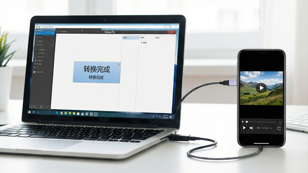 主体:一台笔记本电脑运行Extra.FLV软件,旁边放着一部智能手机,屏幕上都显示着转换完成的视频文件。布局:笔记本屏幕显示软件界面,手机上显示一个视频播放器界面,两者通过数据线连接。排版:画面清晰,突出电脑与手机之间的文件传输关系。风格:明亮的工作台场景,光线充足。细节:电脑屏幕上显示“转换完成”的提示,手机屏幕正在播放风景视频。画质:高清,干净,无多余元素。
