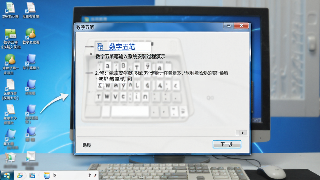 数字五笔中文输入系统安装过程演示图,画面展示安装向导界面,用户点击“下一步”按钮,背景为电脑桌面,风格写实,步骤清晰,软件名称“数字五笔”显示在安装窗口标题栏,高画质,干净无多余元素