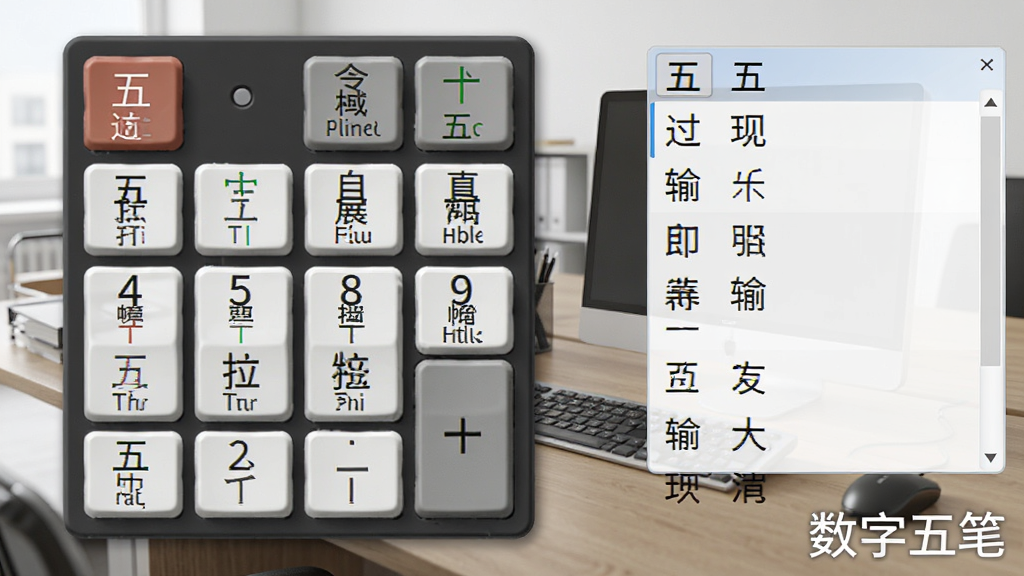 数字五笔中文输入系统数字键盘输入演示图,画面中央为放大的数字小键盘,键位标注五笔字根,右侧显示候选汉字列表,背景为办公场景,风格写实,画质清晰,软件名称“数字五笔”以水印形式置于右下角,干净无多余元素