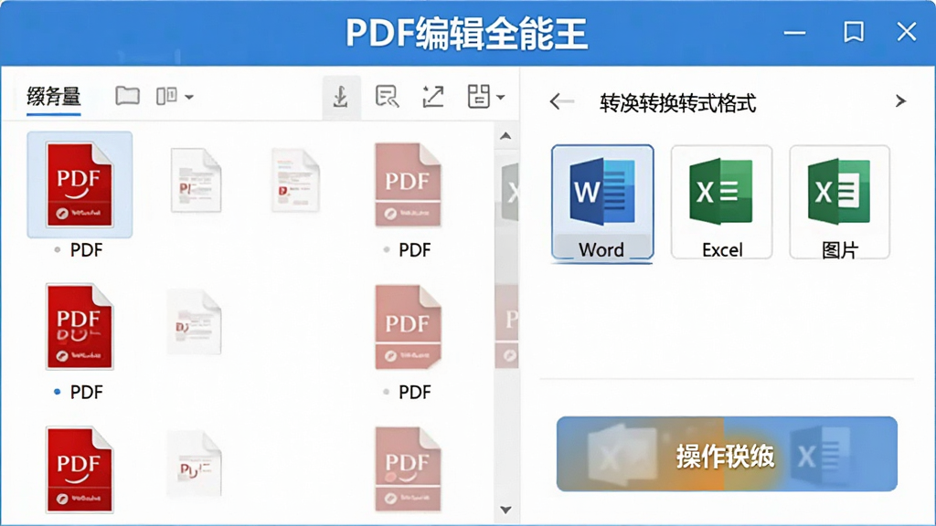展示PDF编辑全能王格式转换功能的界面,文件列表中有多个PDF文件,右侧显示转换格式选项(Word、Excel、图片等),操作按钮醒目,软件名称“PDF编辑全能王”在顶部,画质清晰,无多余元素。