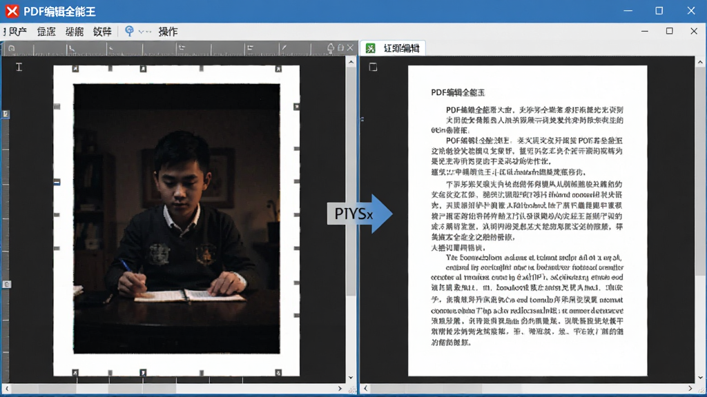 展示PDF编辑全能王OCR识别功能的操作界面,左侧为扫描件原图,右侧为识别后的可编辑文本,界面清晰,对比明显,软件名称“PDF编辑全能王”出现在菜单栏,画质细腻,无多余元素。