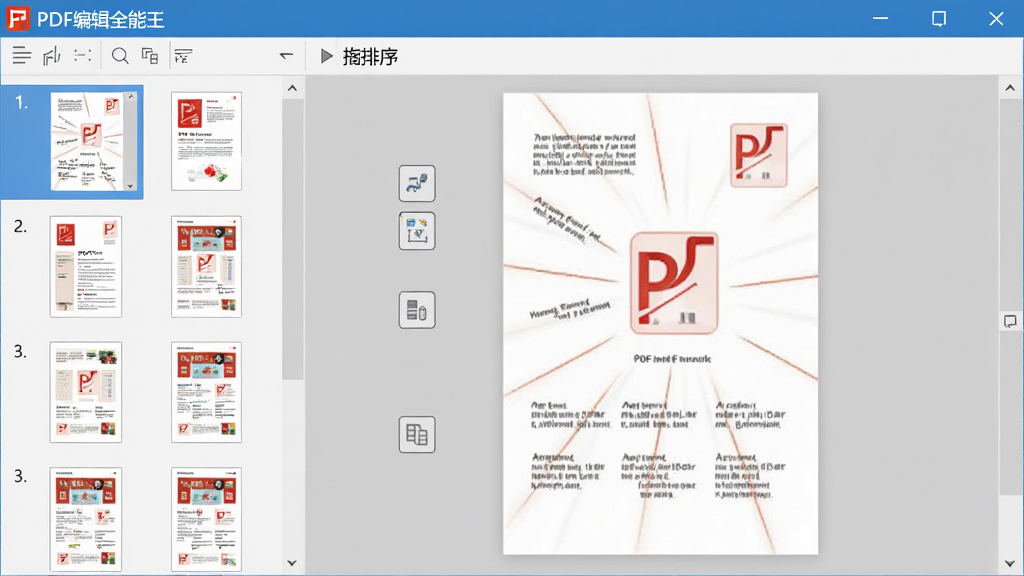 展示PDF编辑全能王页面缩略图管理界面,左侧为页面缩略图列表,右侧为页面预览,支持拖拽排序,界面简洁,软件名称“PDF编辑全能王”在标题栏,画质干净,无多余元素。
