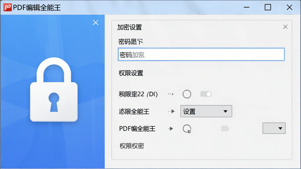 展示PDF编辑全能王加密设置界面,包含密码输入框、权限设置选项,界面有锁形图标,软件名称“PDF编辑全能王”在窗口左上角,画质清晰,无多余元素。