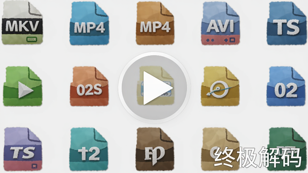 һ��ͼƬչʾ�ռ�����֧�ֵĶ�����Ƶ��ʽͼ�꣬����MKV��MP4��AVI��TS�ȣ�ͼ���������룬����Ϊǳ��ɫ���м����һ��͸���Ĳ��Ű�ť����Χ���Ƹ�ʽͼ�꣬�������ִ������֡��ռ����롱��ˮӡ��ʽ���������½ǣ������������ɾ��޶���Ԫ��