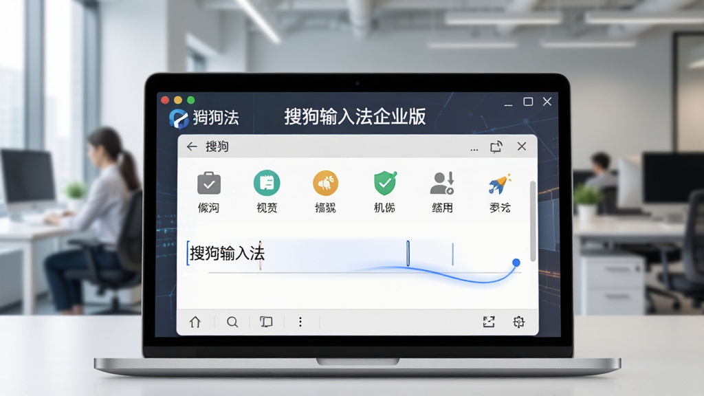 一张展示搜狗输入法企业版在现代化办公环境中应用的宽幅图片,主体为笔记本电脑屏幕上的输入法界面特写,背景是模糊的办公场景,布局采用居中构图,界面显示“搜狗输入法企业版”字样及输入状态,风格为商务科技感,细节包括清晰的功能图标和流畅的输入效果,画质高清干净,无多余元素