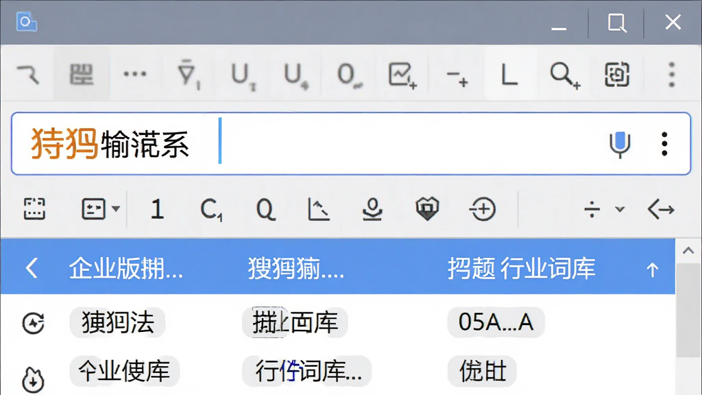特写搜狗输入法企业版输入界面,主体为输入框及候选词列表,显示专业术语联想效果,布局为简洁的横向排列,风格清爽,细节突出“企业版”标识及行业词库字样,画质清晰干净,无多余元素