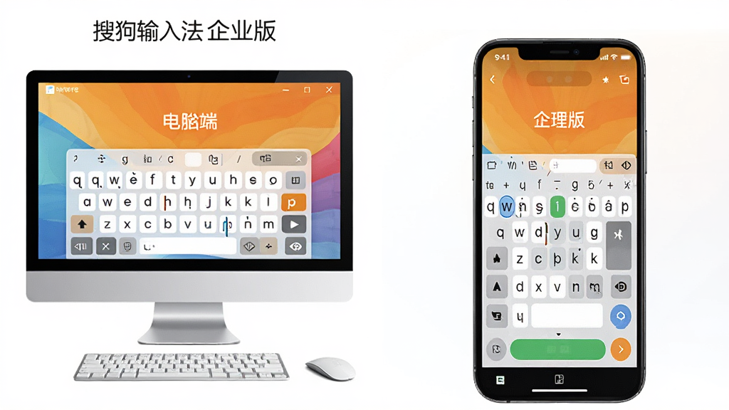 展示搜狗输入法企业版在电脑和手机上的使用场景对比图,左侧为电脑端界面,右侧为手机端界面,布局为左右对称,风格为简洁明快,细节显示输入法皮肤及功能键,画质清晰,无多余元素